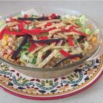 A bowl of casserole topped with thin red, black and naturally colored tortilla strips on a brightly patterned plate