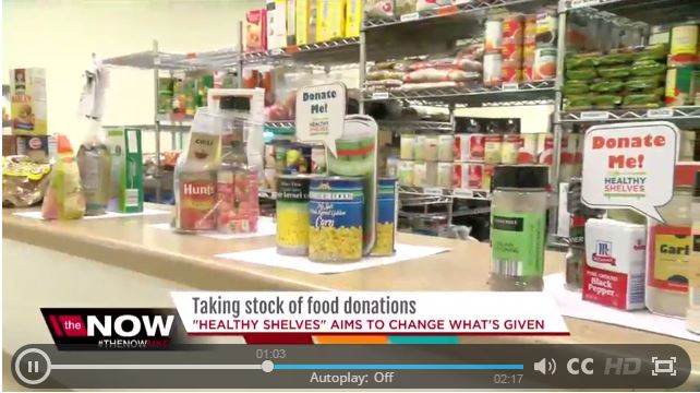 Groupings of possible food donations on table within food pantry storage area