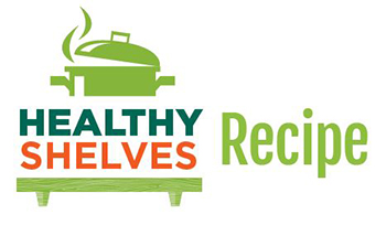 a yellowish-green shelf with the words healthy shelves above it and a yellowish-green steaming covered pot above the words and repeating the green the word recipes to the right of the words healthy shelves
