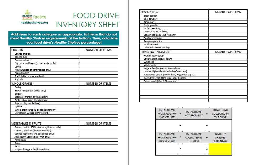 a checklist of the various foods by category for counting foods collected during food drive plus a separate area for calculating percentage of "healthy shelves" items collected
