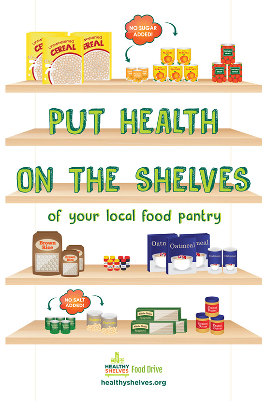 a white poster with five shelves holding illustrations of healthy foods to donate